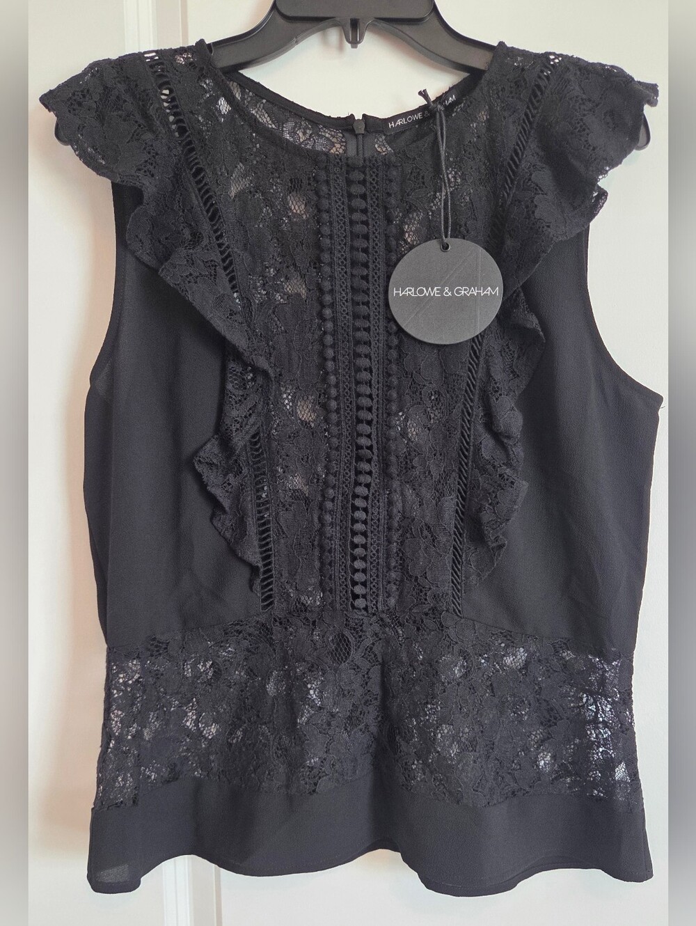 NWT Harlowe & Graham Black Lace Ruffle Sleeveless Blouse Ladder Trim Peplum Top